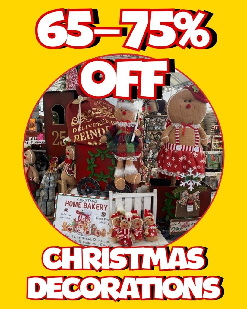 Christmas decor clearance at Thomas Greenhouse & Gardens showing holiday decorations marked 65–75% off during January 2026 sale.