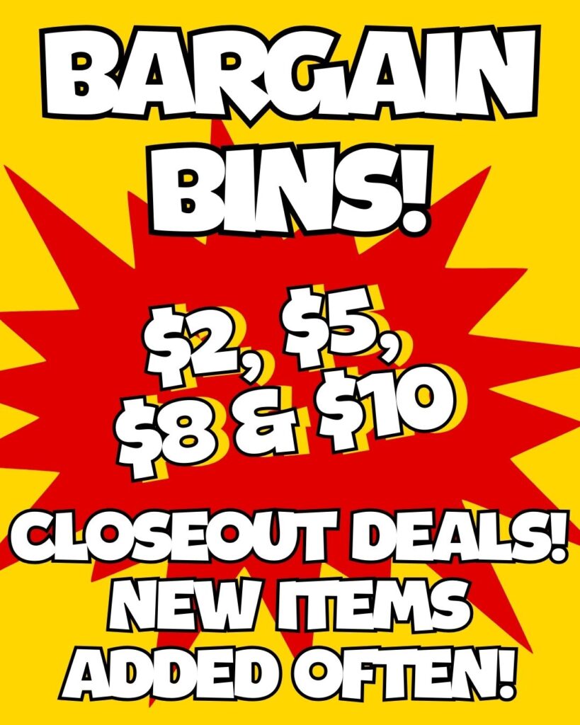 Bargain bins display at Thomas Greenhouse & Gardens featuring closeout deals with $2, $5, $8, and $10 sale for January 2026.