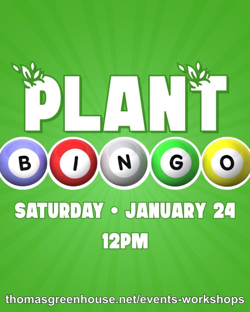 Plant Bingo event at Thomas Greenhouse & Gardens, Saturday, January 24, 2026 at 12 pm, featuring games, prizes, and plant-themed fun. Register online at thomasgreenhouse.net/events-workshops/plant-bingo-5 or call 262-363-3807.